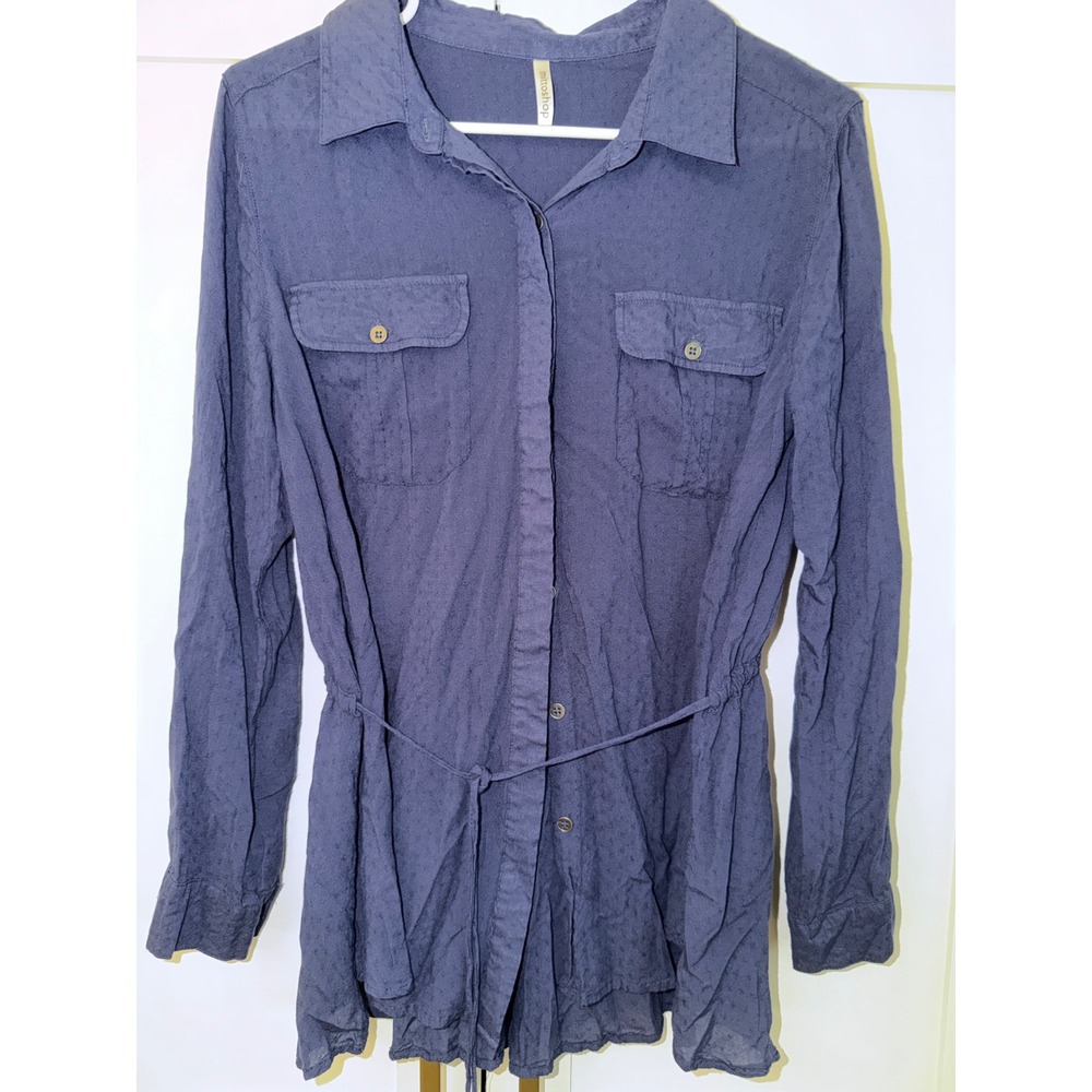 Mittoshop Navy Blue Swiss Dot Drawstring Waist Roll Tab Sleeve Tunic Top